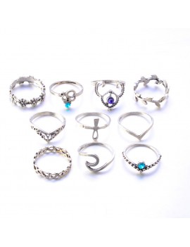 10 Pcs/Set Women Bohemian Gemstone Leave Caved Flower Hollow Geometric Diamond Joint Knuckle Rings
