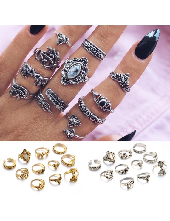 11 Pcs/Set Women Bohemian Vintage Silver Gold Geometry Gemstone Open Finger Rings Hollow Carved Punk Knuckle Ring Jewelry Gifts