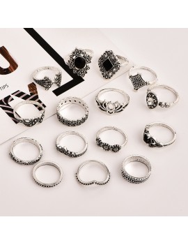 Bohemia Style Vintage Silver Lotus Flower Rings for Women 15 PCS Silvering Gmes Women Ring Set 2018 Fashion Jewelry Women Gifts