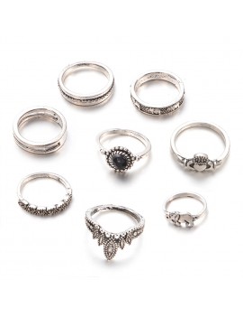 8 Pcs/Set Women Bohemian Gemstone Crown Elephant Hollow Heart Carved Flower Geometric Diamond Joint Knuckle Rings