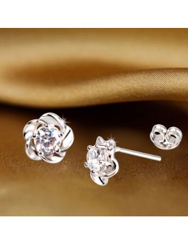 Fashion Sterling Silver Platinum Plated Crystal Flowers Ear stud Earrings