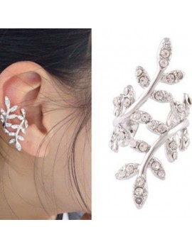 Elegant Women Crystal Rhinestone Pierced Leaf Ear Cuff Clip on Stud Earring