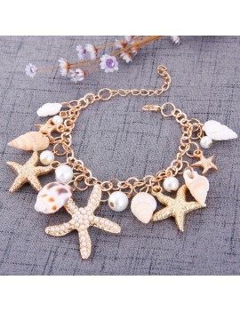 Women Fashion Sea Shell Starfish Faux Pearl Pendant Gold Bracelet Bib Statement Jewelry Gift
