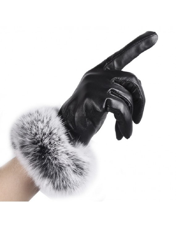 Women Black Leather Autumn Winter Warm Rabbit Fur Mittens Hottest Lady Gloves