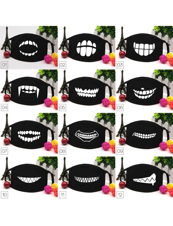 Women Men Lovers Black Anti-Dust Cotton Cartoon Mask Teeth Mouth Muffle Face Masks